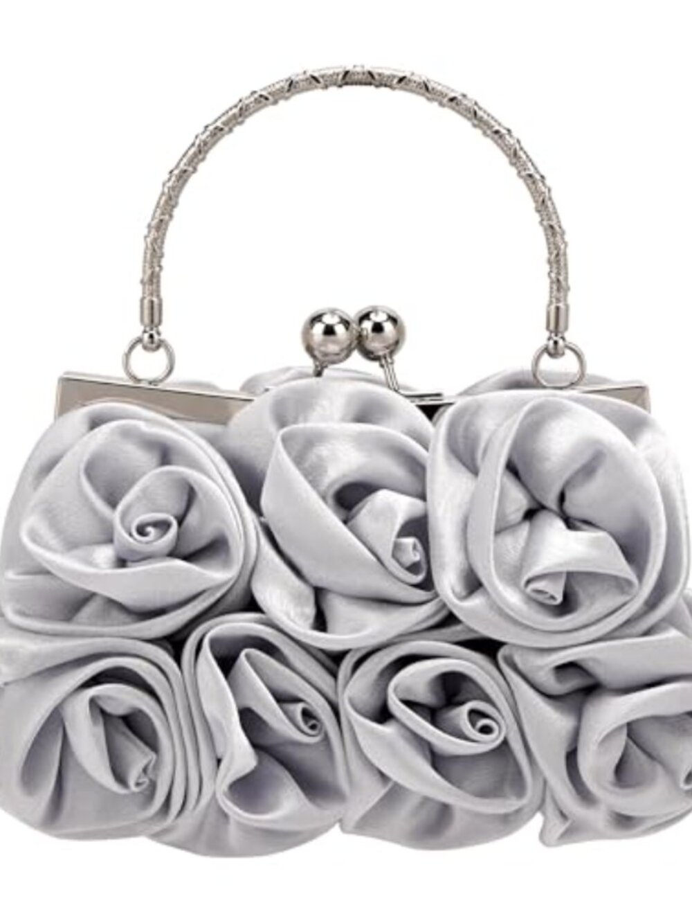 Satin Rose 3D Floral Evening Clutch Kiss Lock Wedding Handbag with Chain Strap